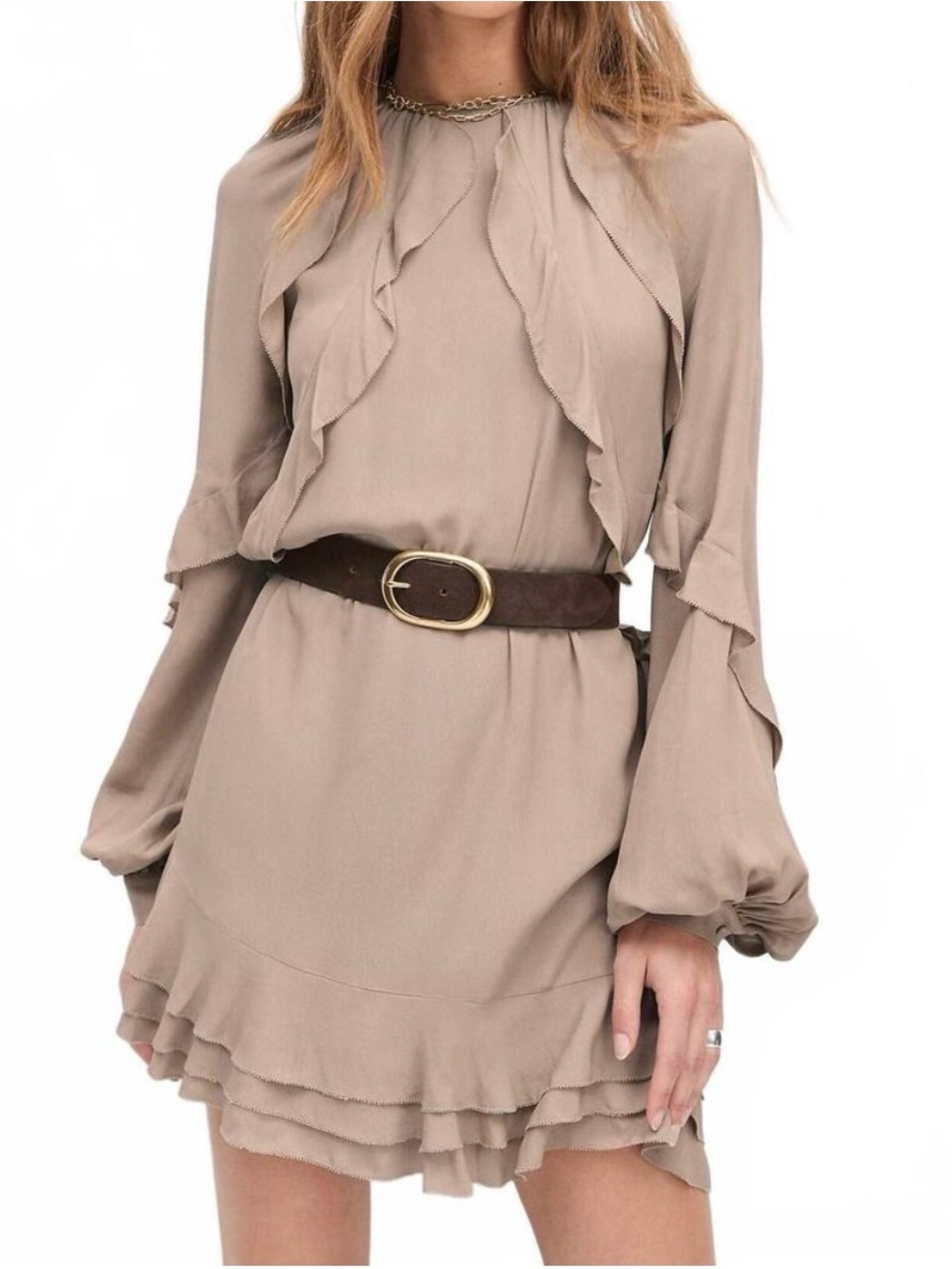 Favorite Daughter Taupe Layered Ruffle Long-Sleeve Mini Dress